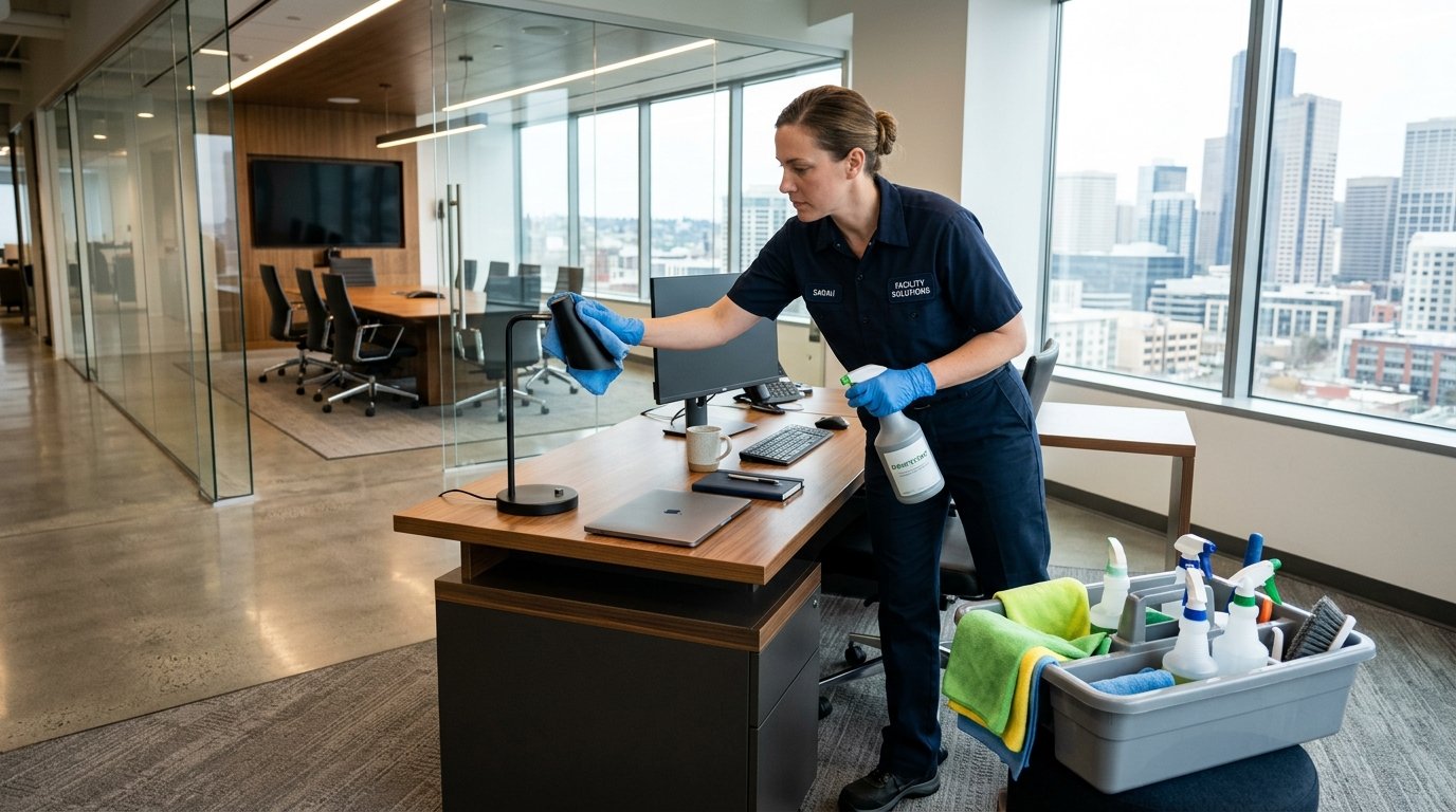 Professional commercial cleaner servicing corporate office desk in Trinidad