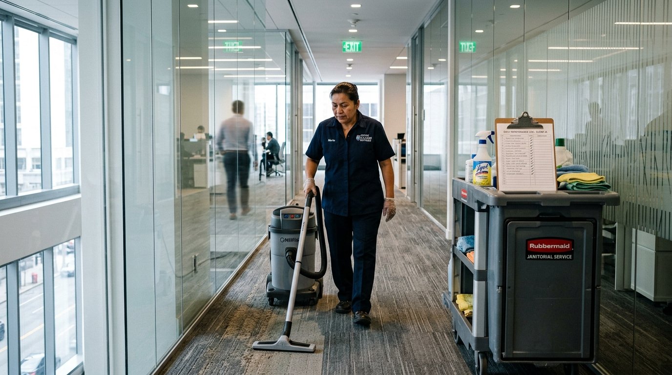 Commercial cleaner maintaining office hallway with cleaning schedule checklist