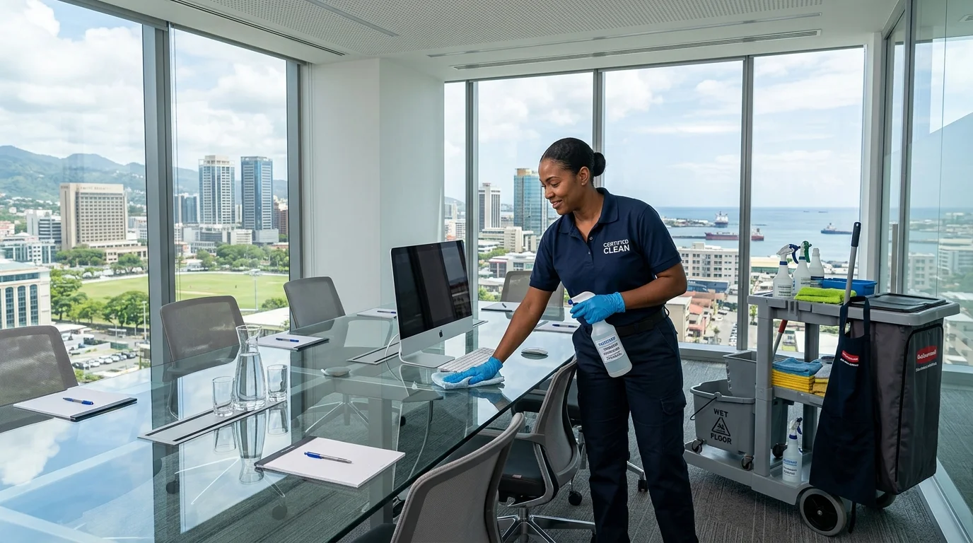 Janitorial team cleaning a commercial office in San Fernando, Trinidad