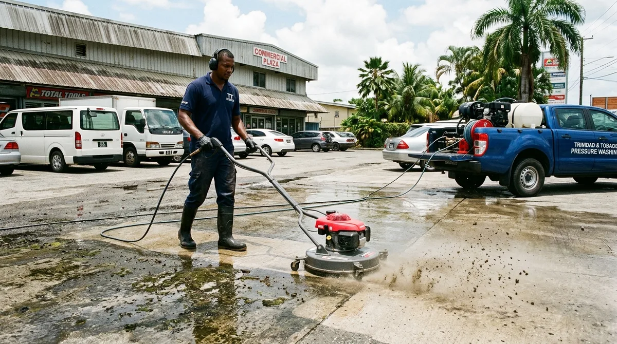 Pressure washing service cleaning a commercial driveway in Trinidad and Tobago
