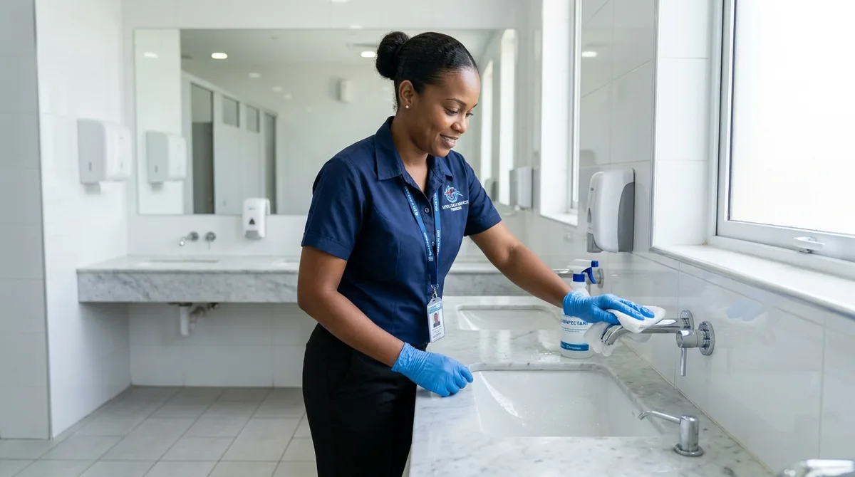 Restroom sanitation service being performed in a commercial office in Trinidad